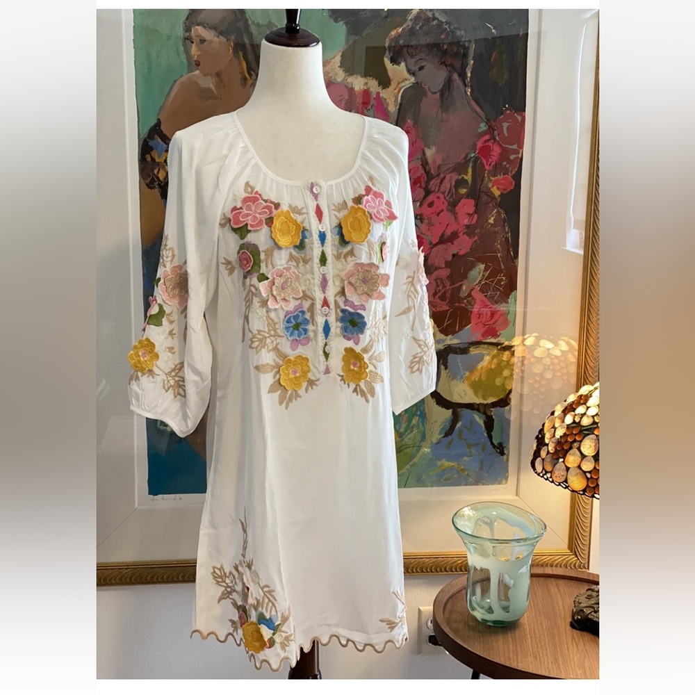 🌸 Gorgeous New Floral Appliqué *Johnny Was Style* Cupro Rayon White Dress & SLIP